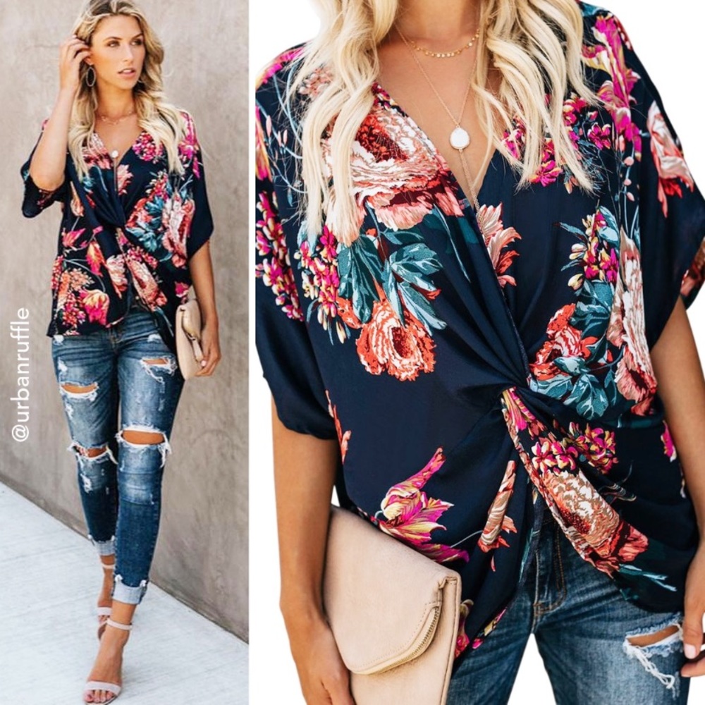 Navy Floral Twist Top Sizes S-2X